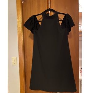 High Neck Black Dress with Off the Shoulder Sleeve